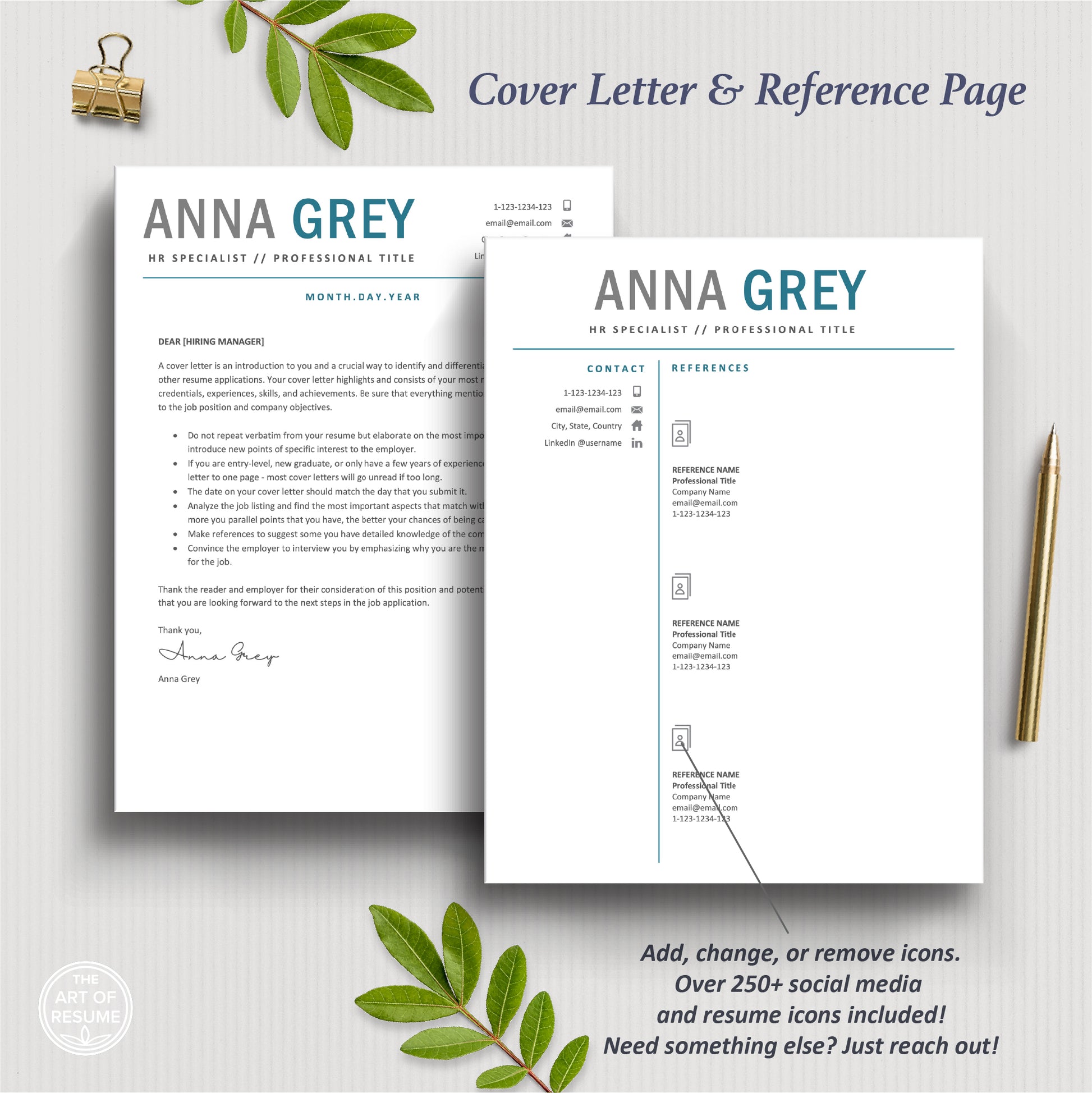 The Art of Resume Template Designs | Professional cover letter and reference page for professional graduate HR