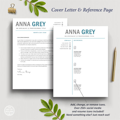 The Art of Resume Template Designs | Professional cover letter and reference page for professional graduate HR