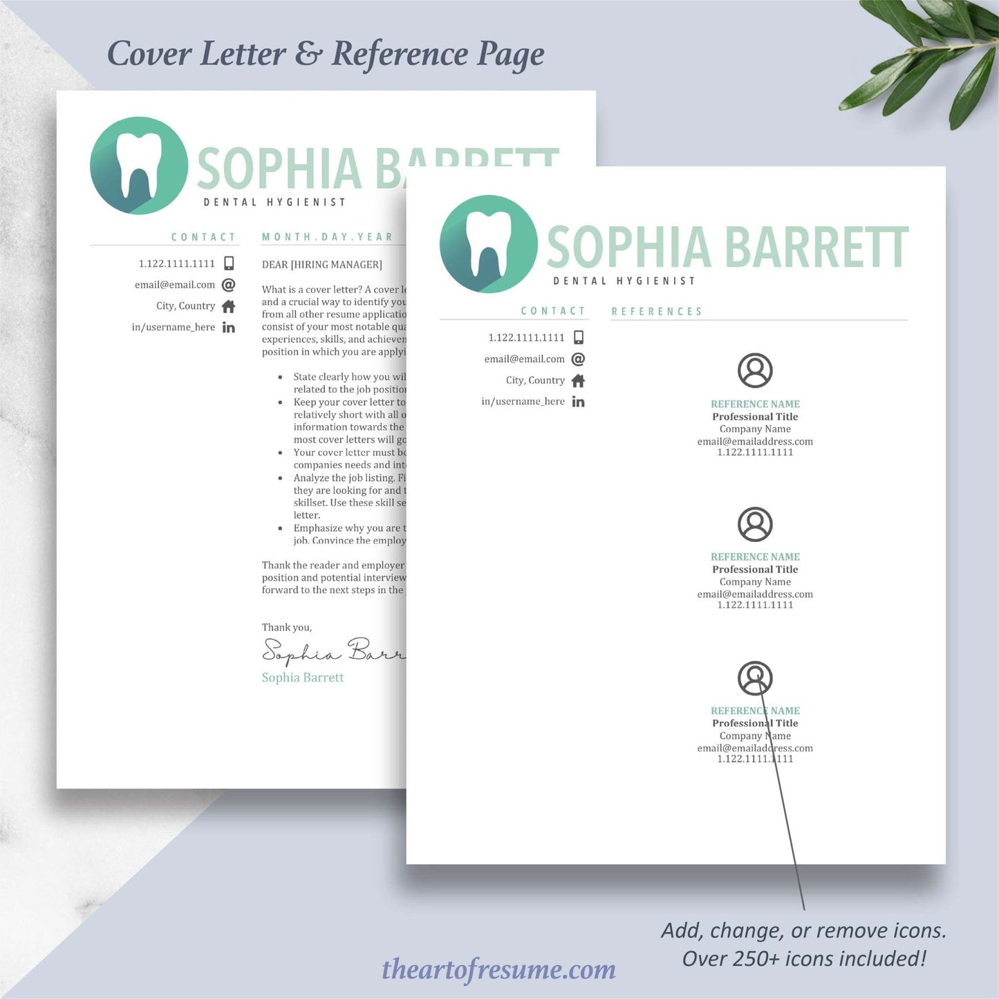 Professional Medical, Nurse, Doctor, Medical Student Matching Cover Letter and Reference Page Design Templates Download