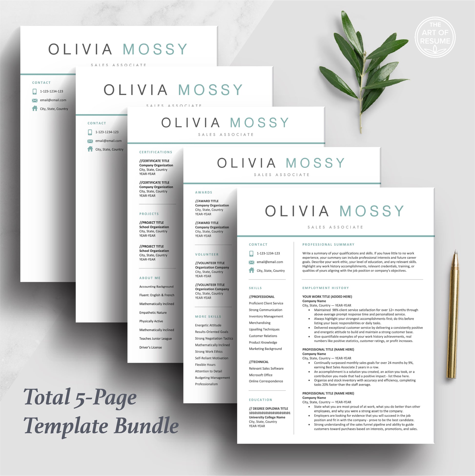 The Art of Resume | Teal Blue Resume Template Design Bundle Download | Total 5 Pages