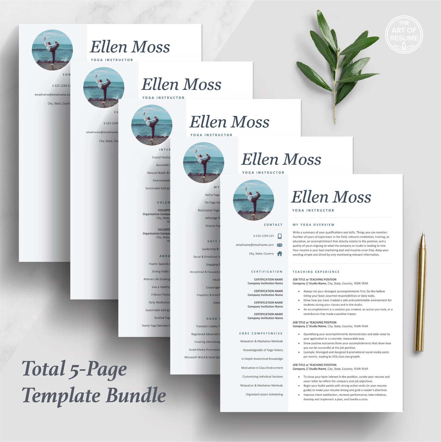 The Art of Resume Templates | Yoga Teacher Resume CV Design Bundle including matching cover letter and reference page