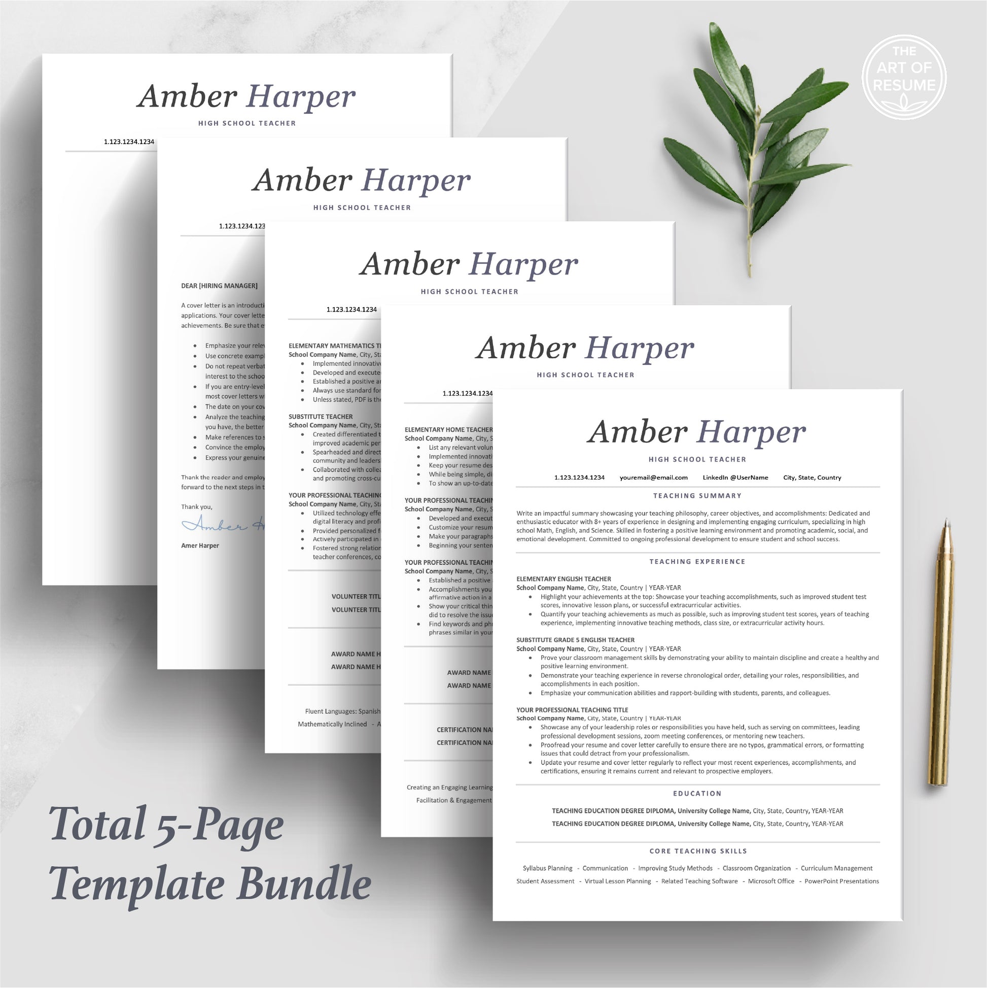 The Art of Resume Templates | ATS-Friendly Teacher Educator Resume CV Design Bundle including matching cover letter and reference page