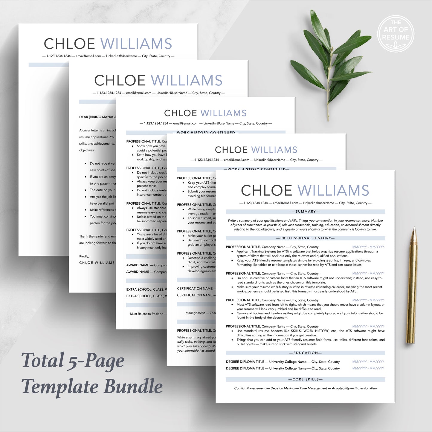 The Art of Resume Templates | ATS-Friendly Resume CV Design Bundle including matching cover letter and reference page
