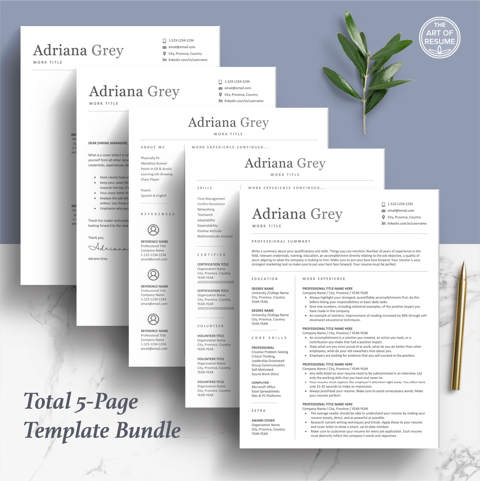 The Art of Resume | Professional Resume CV Template Bundle Design | 5 Page Resume Templates