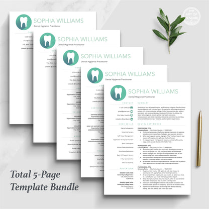 The Art of Resume | Dental Hygienist Dentist Resume CV Template Design Bundle Teal | 5 Page Resume Templates