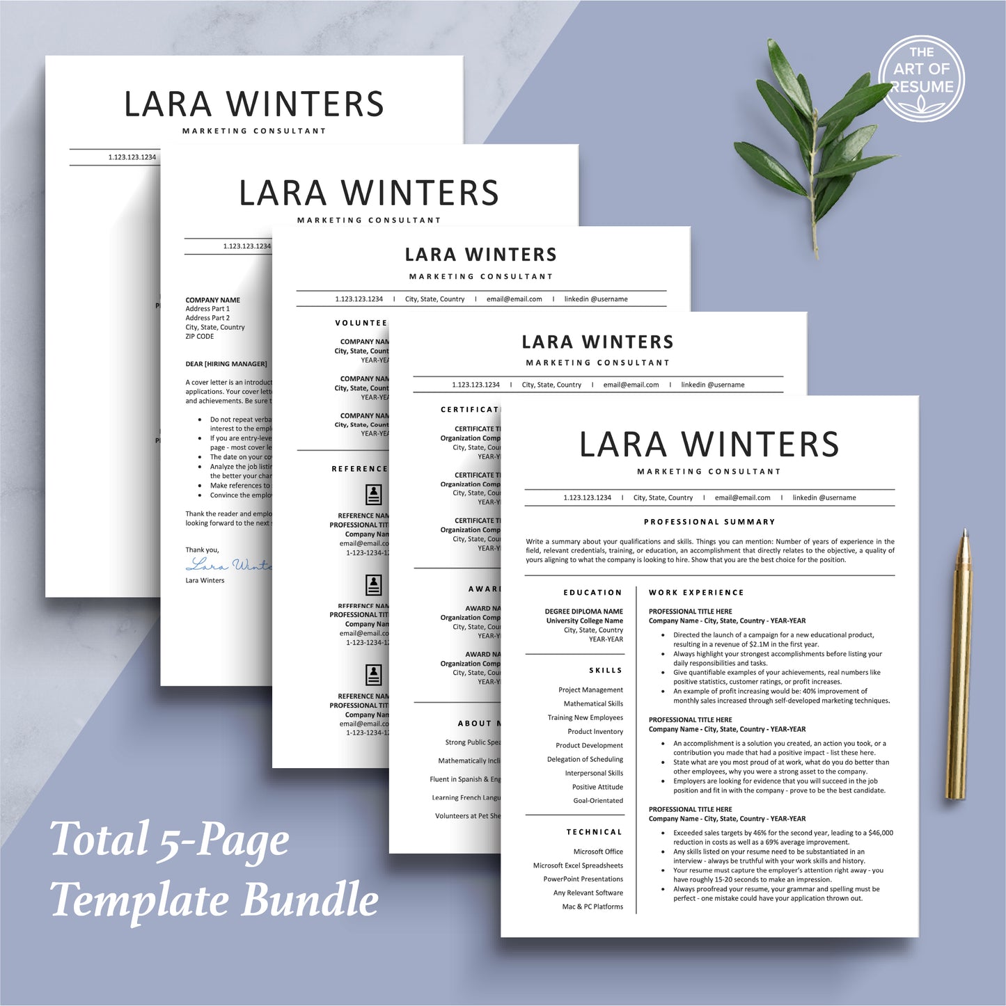 The Art of Resume Templates |  Professional PSimple Resume CV Design Bundle including matching cover letter and reference page