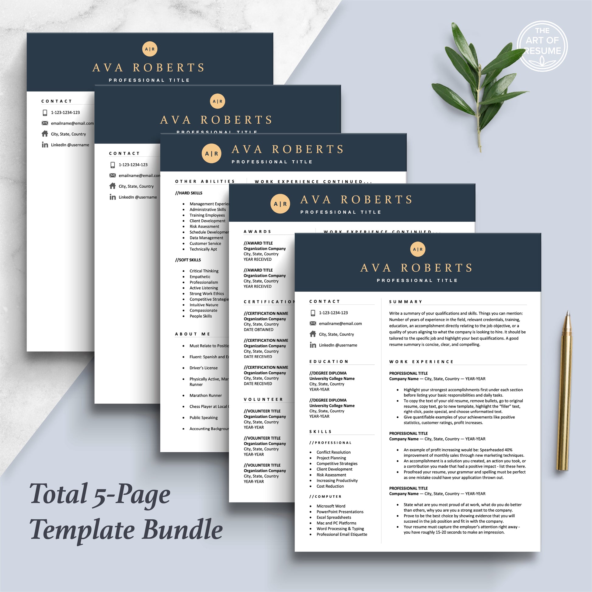 The Art of Resume Templates | Professional Navy Blue Resume CV Design Bundle including matching cover letter and reference page