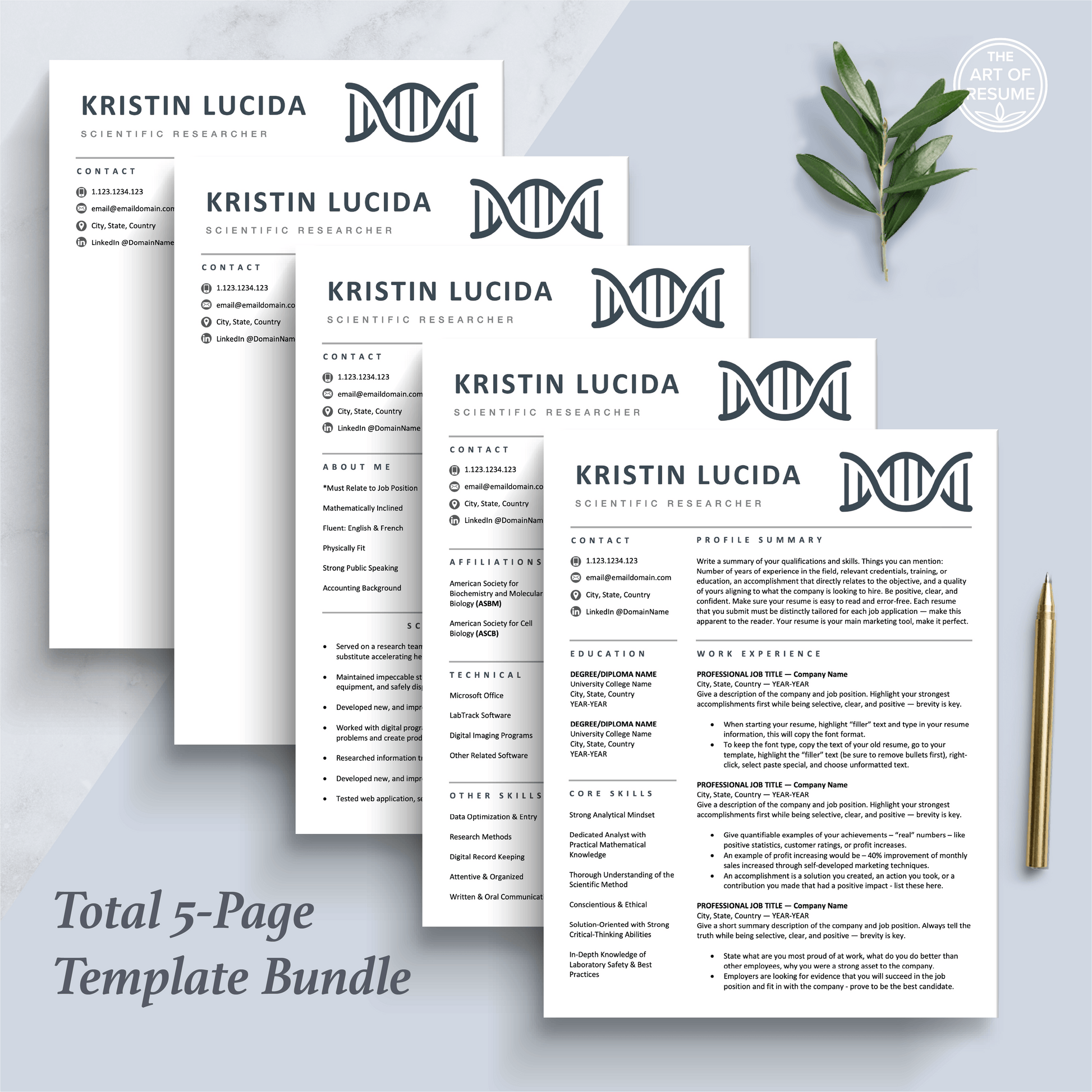 The Art of Resume Templates |  Scientist, Biochemist, Lab Researcher, Student, Teacher DNA Helix  Resume CV Design Bundle including matching cover letter and reference page