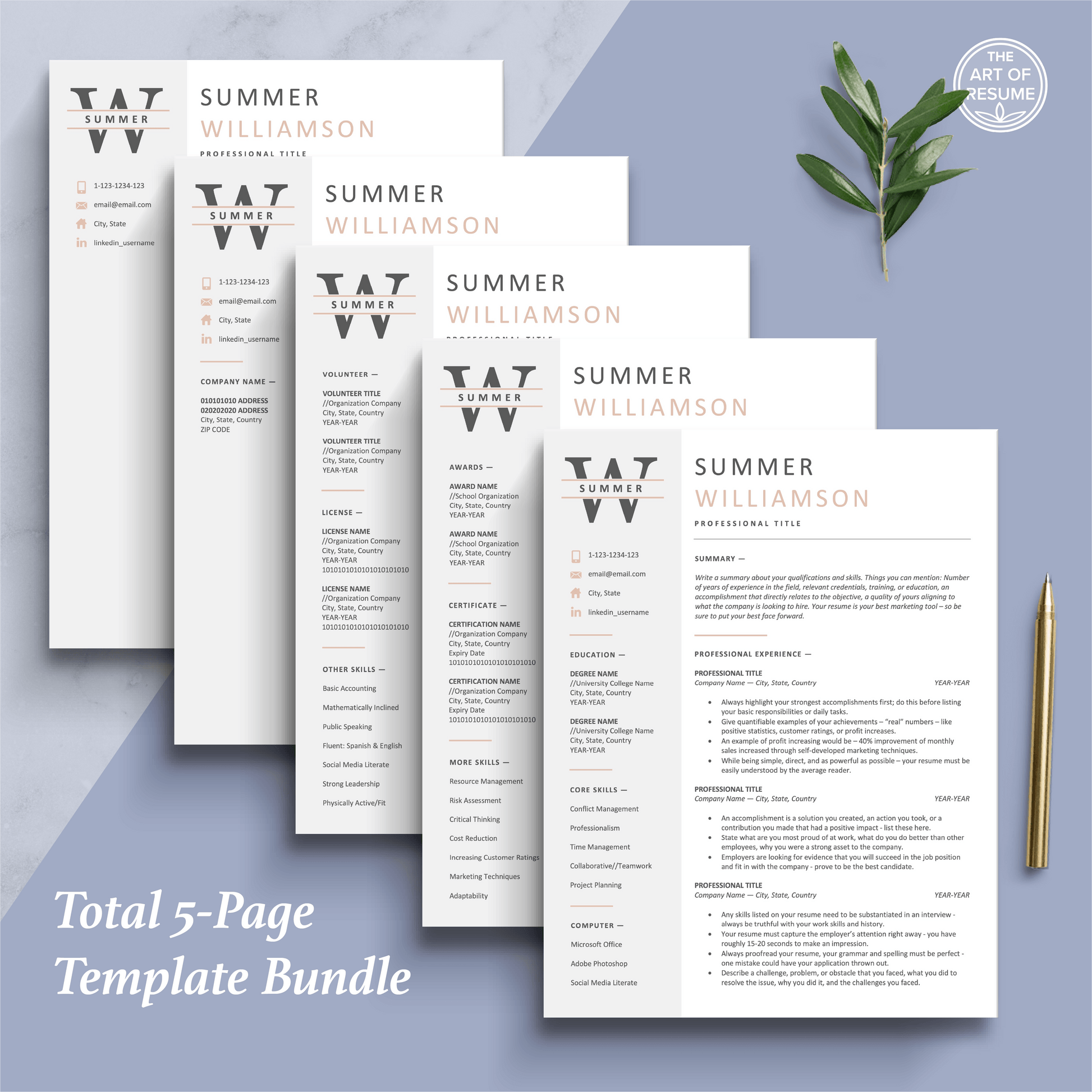 The Art of Resume Templates | Professional  Pink and Grey Resume CV Design Bundle including matching cover letter and reference page