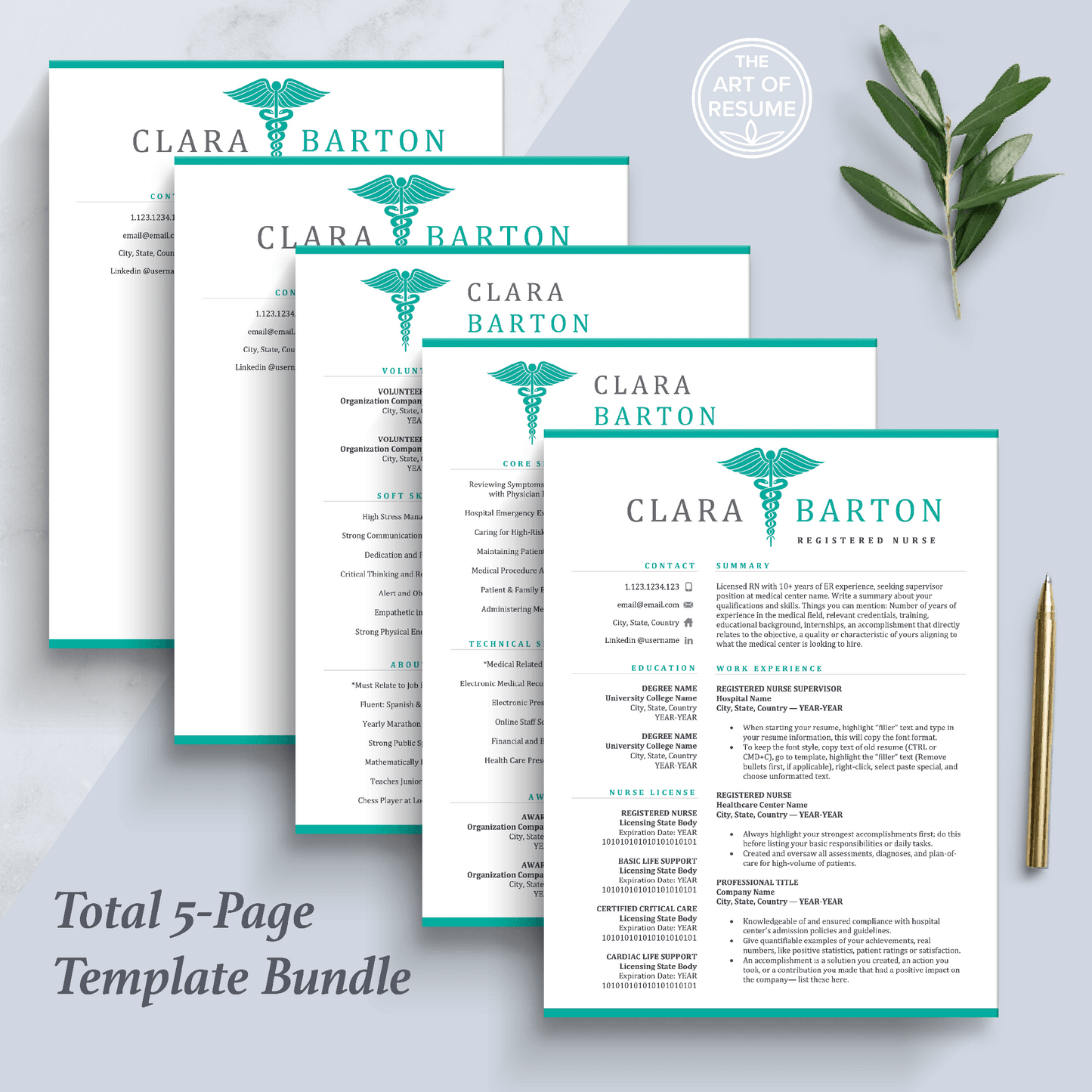 The Art of Resume Templates | Professional Nurse Doctor Medical Resume CV Design Bundle including matching cover letter and reference page