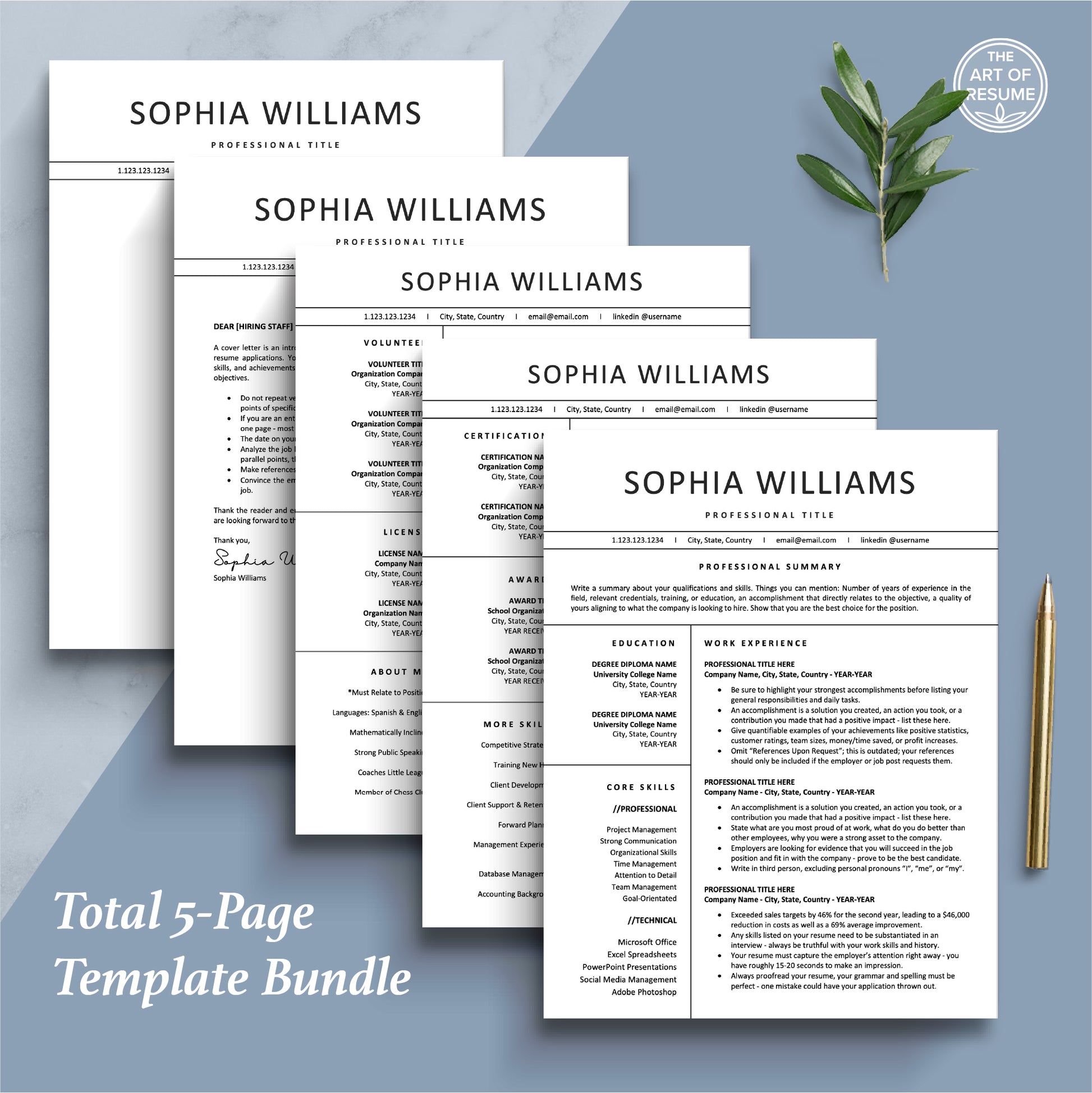 The Art of Resume Templates | Professional ModernResume CV Design Bundle including matching cover letter and reference page