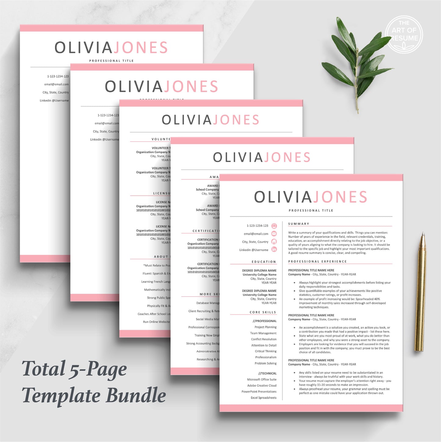 The Art of Resume Templates | Professional Pink Resume CV Design Bundle including matching cover letter and reference page