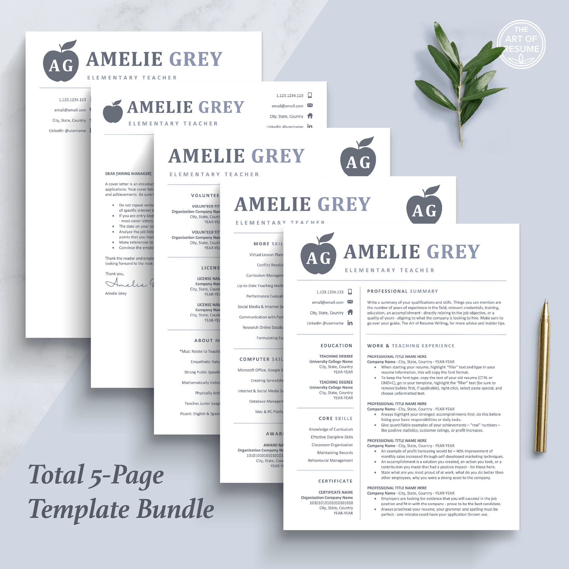 The Art of Resume Templates |  Creative Teacher Blue Grey Resume CV Design Bundle including matching cover letter and reference page