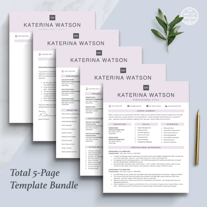The Art of Resume Templates |  Professional  Rose Pink  Resume CV Design Bundle including matching cover letter and reference page