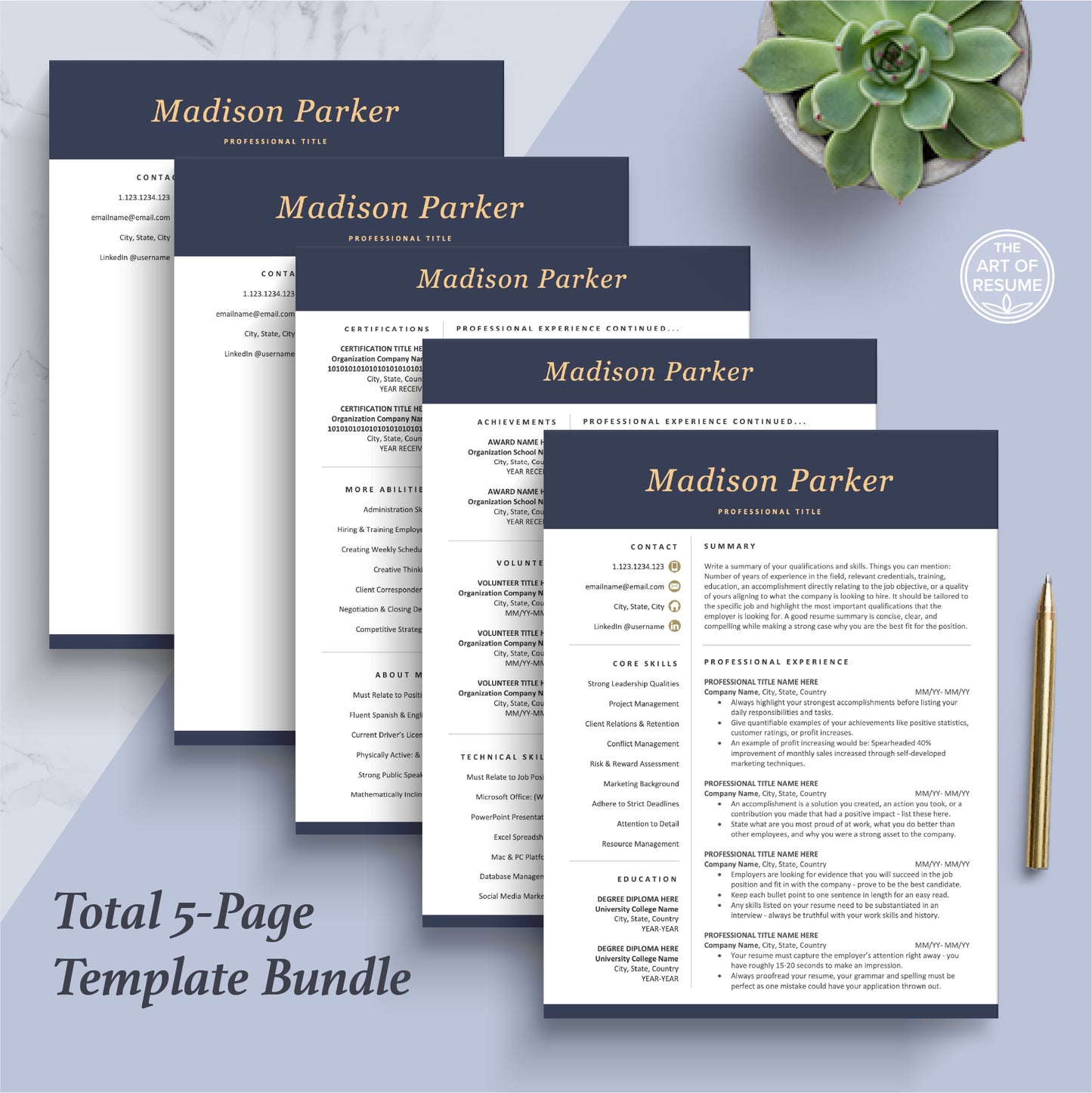 The Art of Resume Templates - Professional Dark Blue Resume CV Design Bundle including matching cover letter and reference page