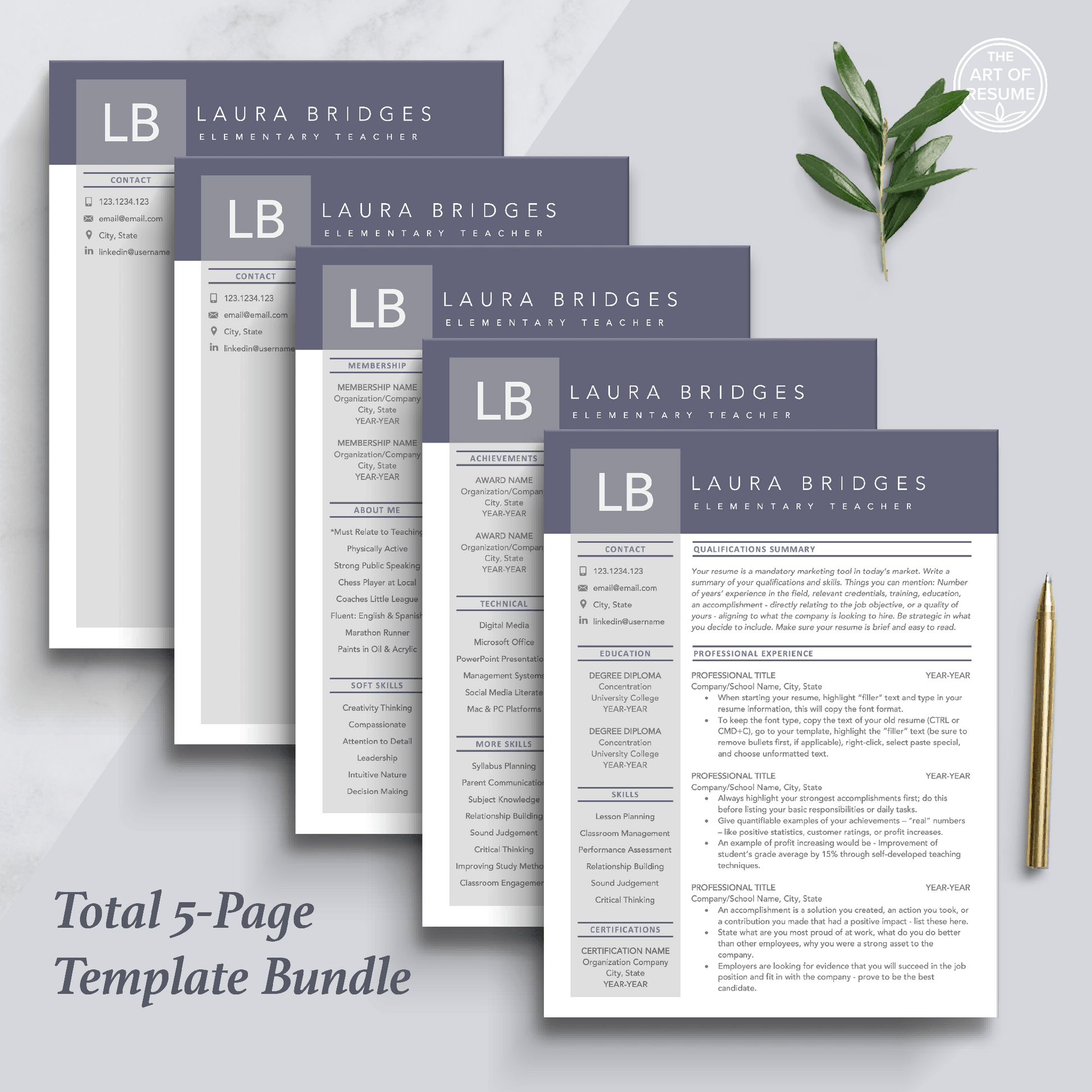 The Art of Resume Templates |  Professional Purple Letter and Reference Page Design Templates Instant Download
