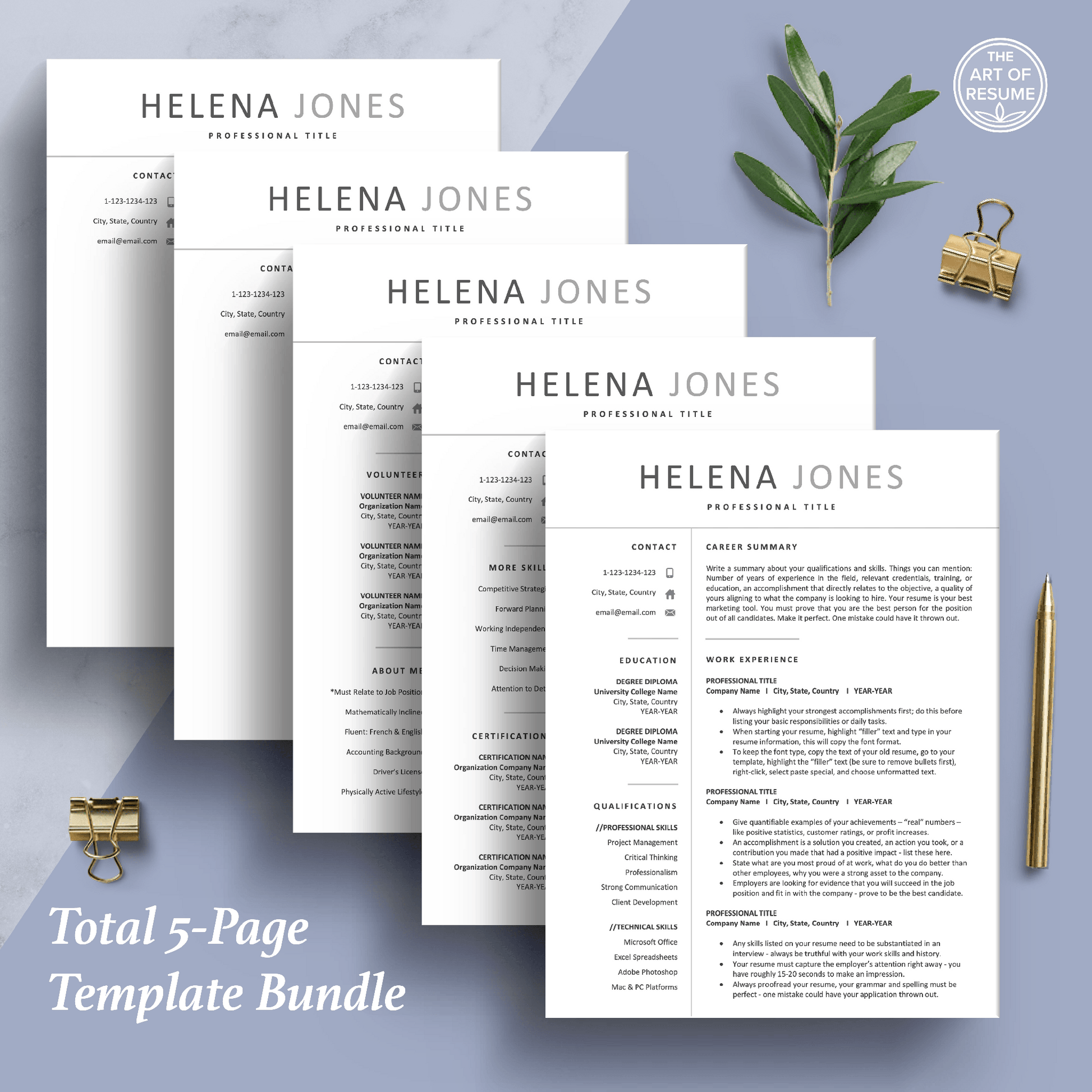 The Art of Resume Templates | Professional Simple Resume CV Design Bundle including matching cover letter and reference page