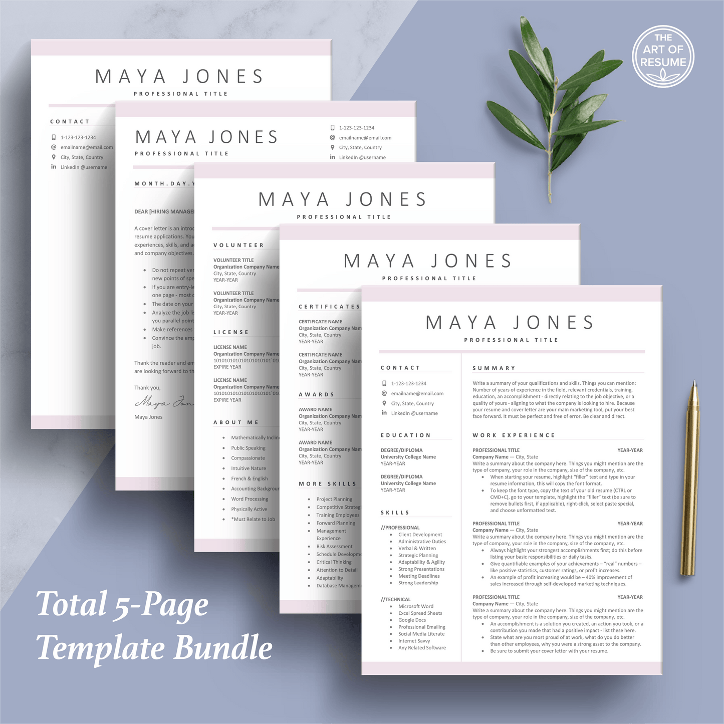 The Art of Resume Templates | Professional Simple Pink Resume CV Design Bundle including matching cover letter and reference page
