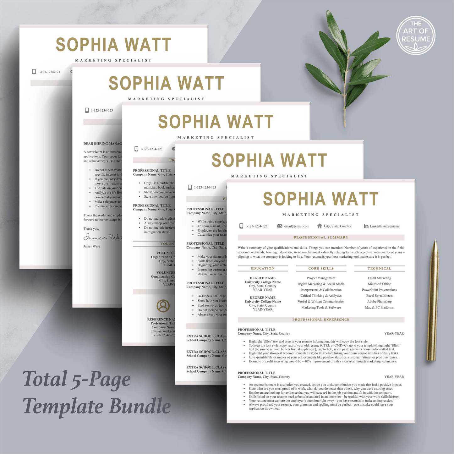 The Art of Resume | Pink Resume Template Design Bundle | 5 Page Resume Template Bundle