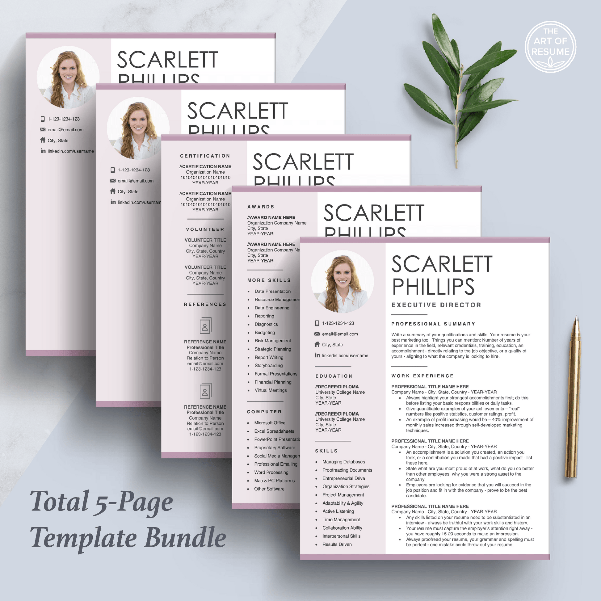 The Art of Resume Templates | Executive C Suite Level Resume CV Design Bundle including matching cover letter and reference page