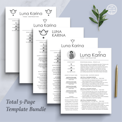 The Art of Resume Templates | Professional  Professional Yoga, Fitness, Designer Resume CV Design Bundle including matching cover letter and reference page