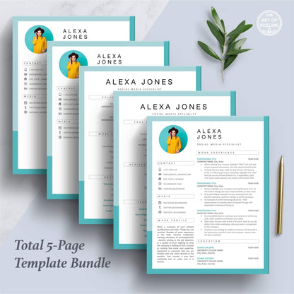 The Art of Resume Templates | Professional Teal Blue Resume CV Design Template with Photo Picture including matching cover letter and reference page