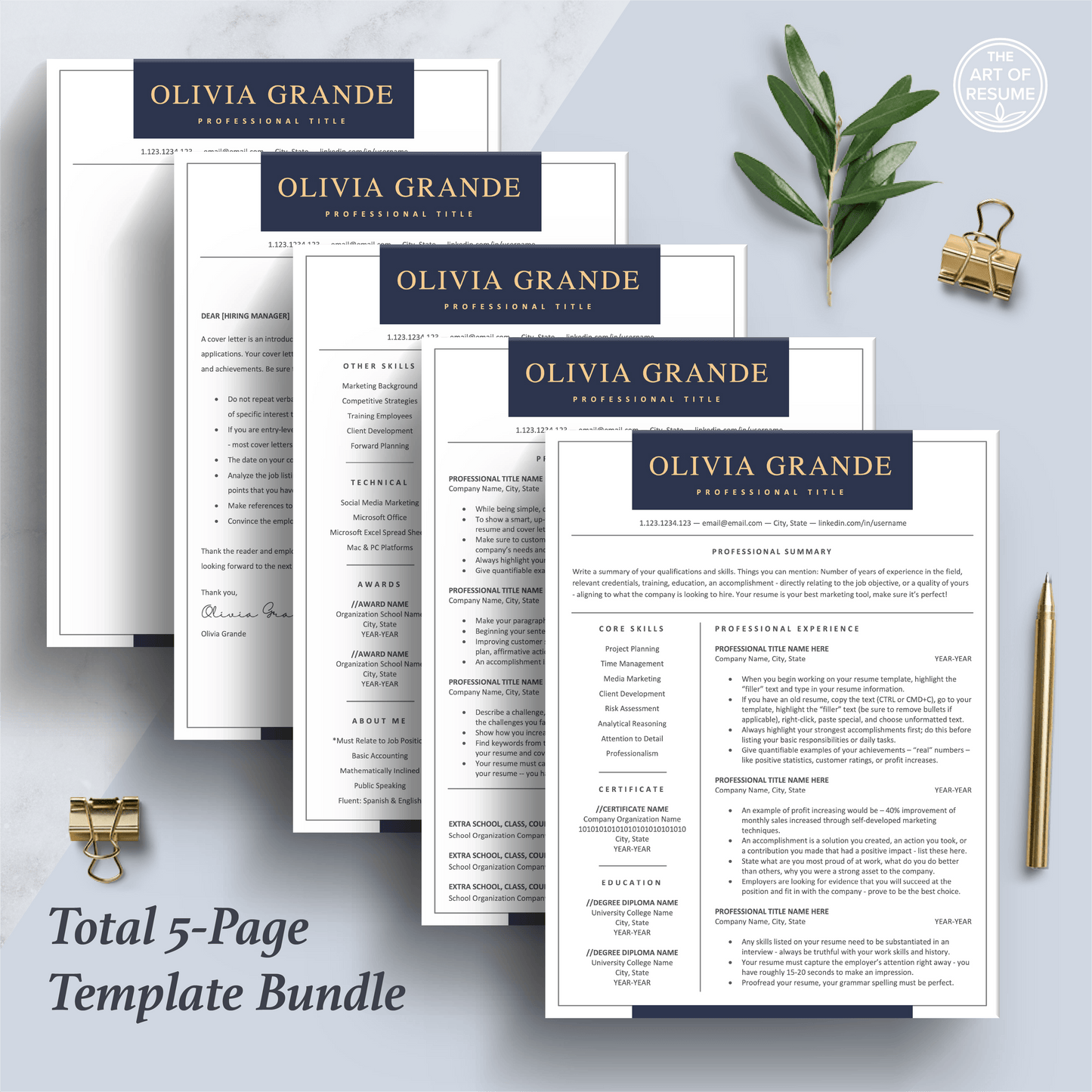 The Art of Resume Templates | Professional Navy Resume CV Design Bundle including matching cover letter and reference page