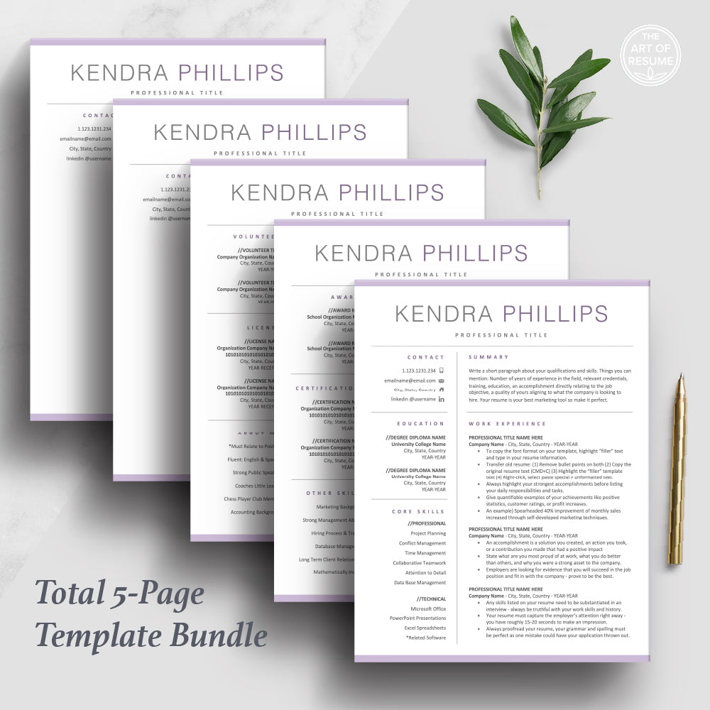 The Art of Resume | Pink Purple Professional Resume Template Design Bundle 5 Page Resume Bundle