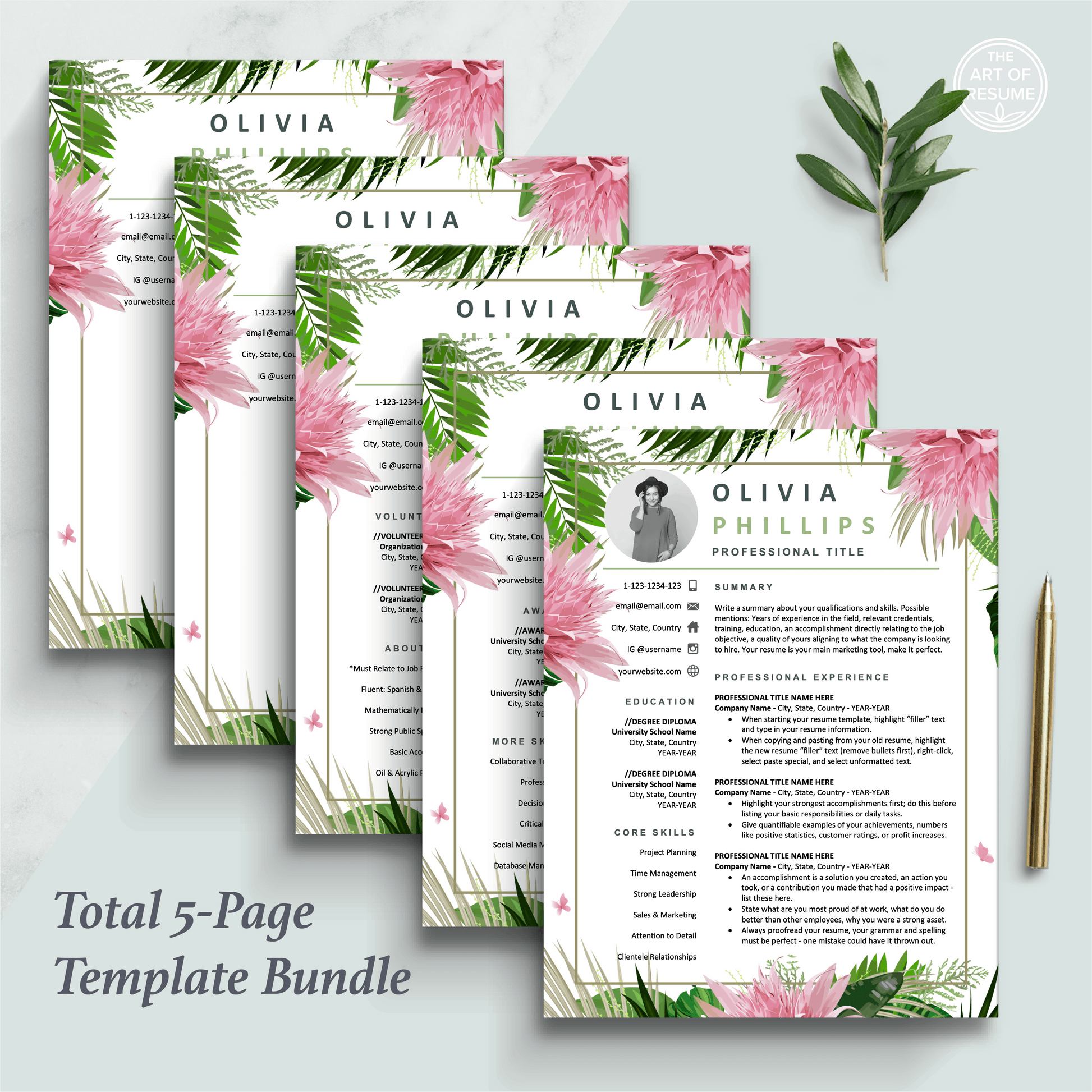 The Art of Resume Templates | Professional Creative Floral  Resume CV Design Bundle including matching cover letter and reference page