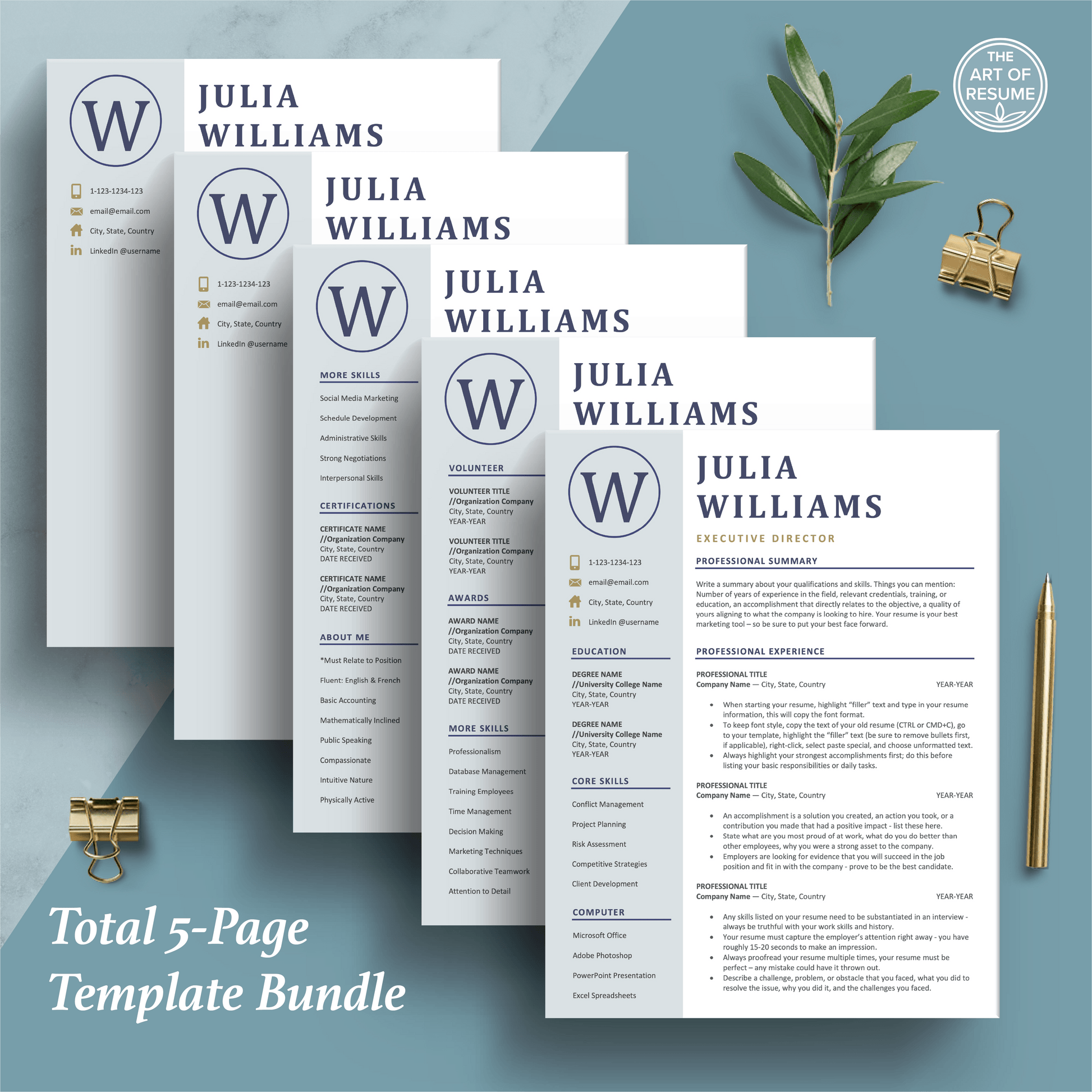 The Art of Resume Templates | Professional Blue Resume CV Design Bundle including matching cover letter and reference page
