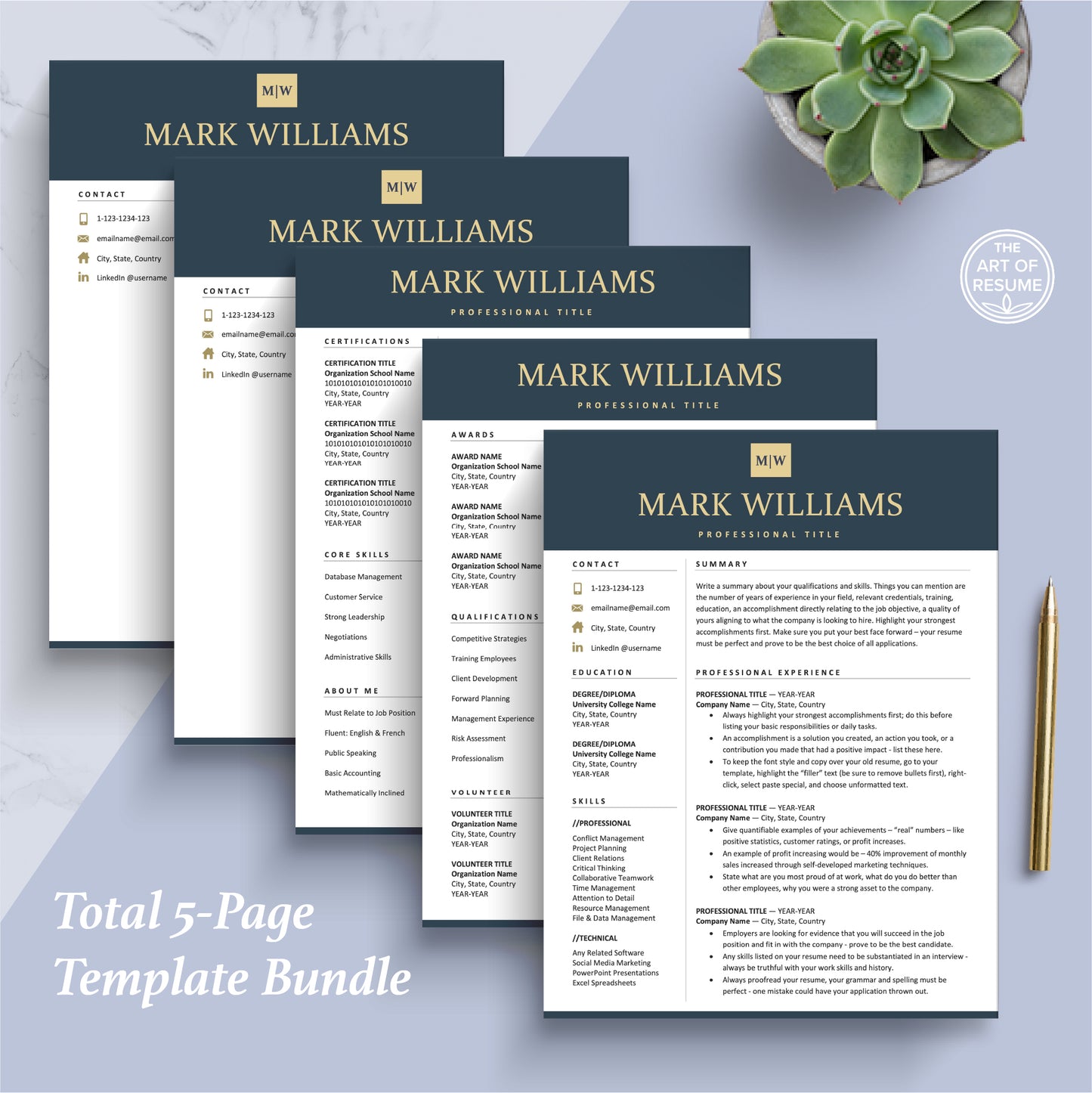 The Art of Resume Templates | Professional Modern Resume CV Design Bundle including matching cover letter and reference page