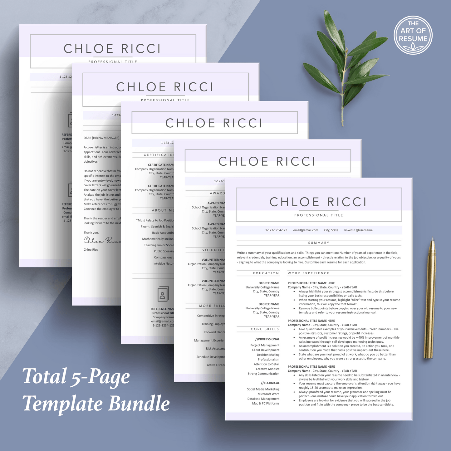 The Art of Resume Templates | Professional Simple Pink Blue Resume CV Design Bundle including matching cover letter and reference page