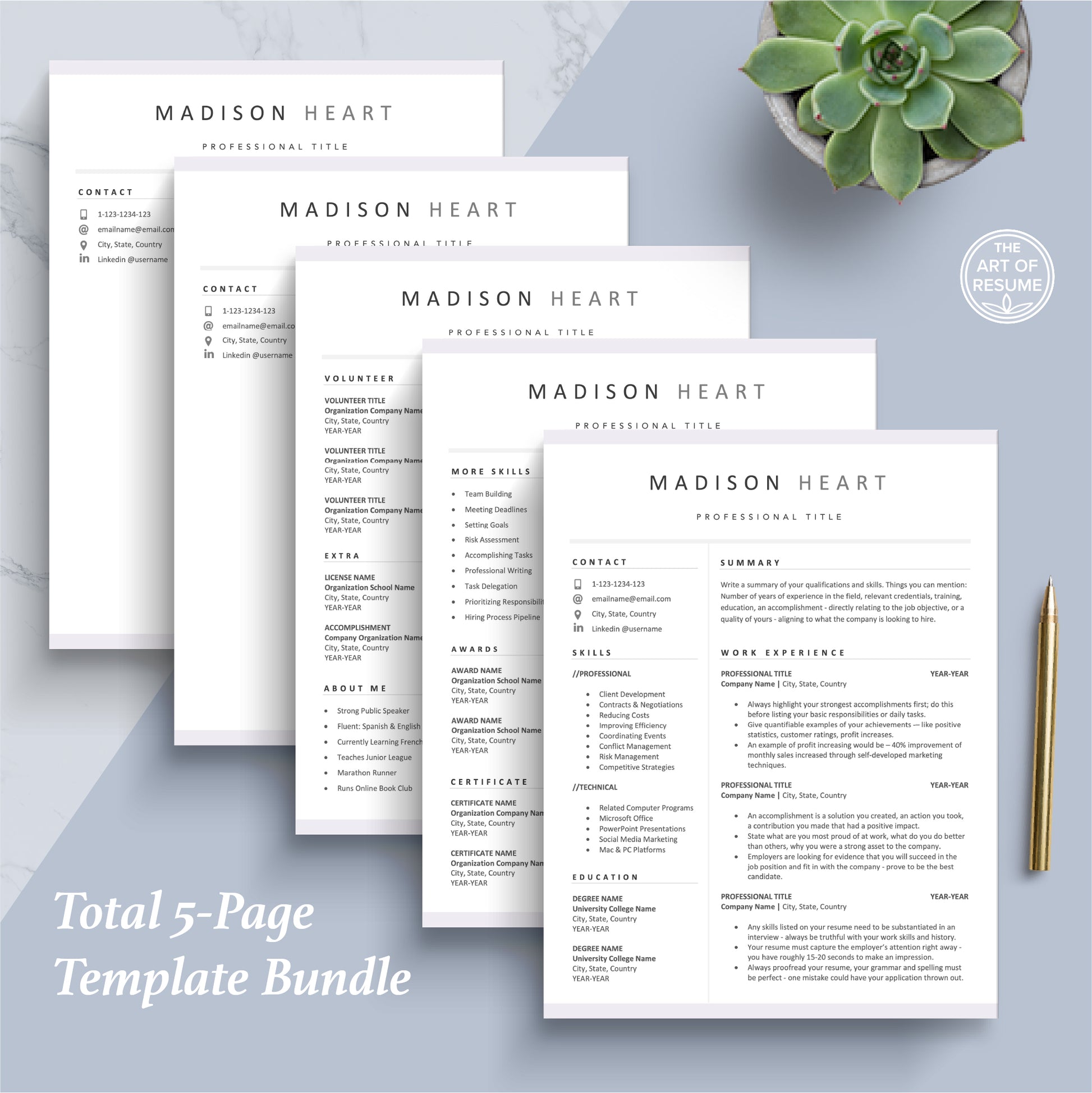 The Art of Resume Templates | Professional Modern Resume CV Design Bundle including matching cover letter and reference page