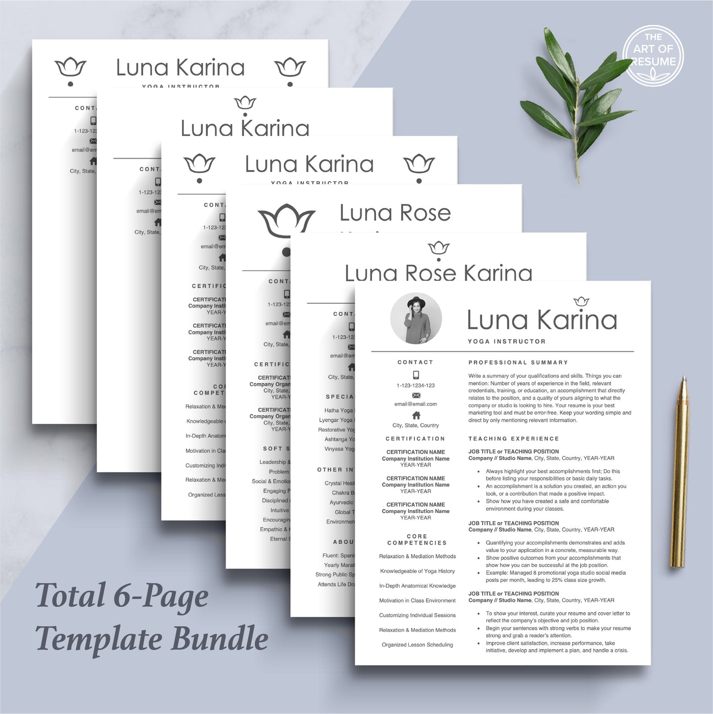 The Art of Resume Templates | Yoga Teacher Resume CV Design Bundle including matching cover letter and reference page