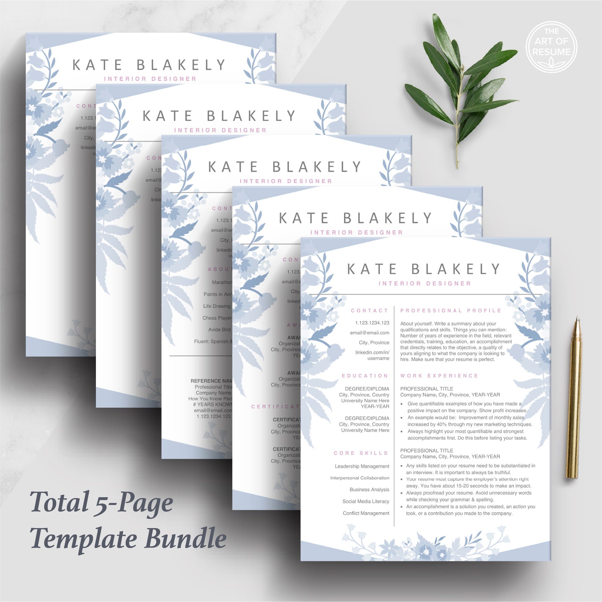 The Art of Resume | Blue Floral Resume Template Design | 5 Page Template bundle