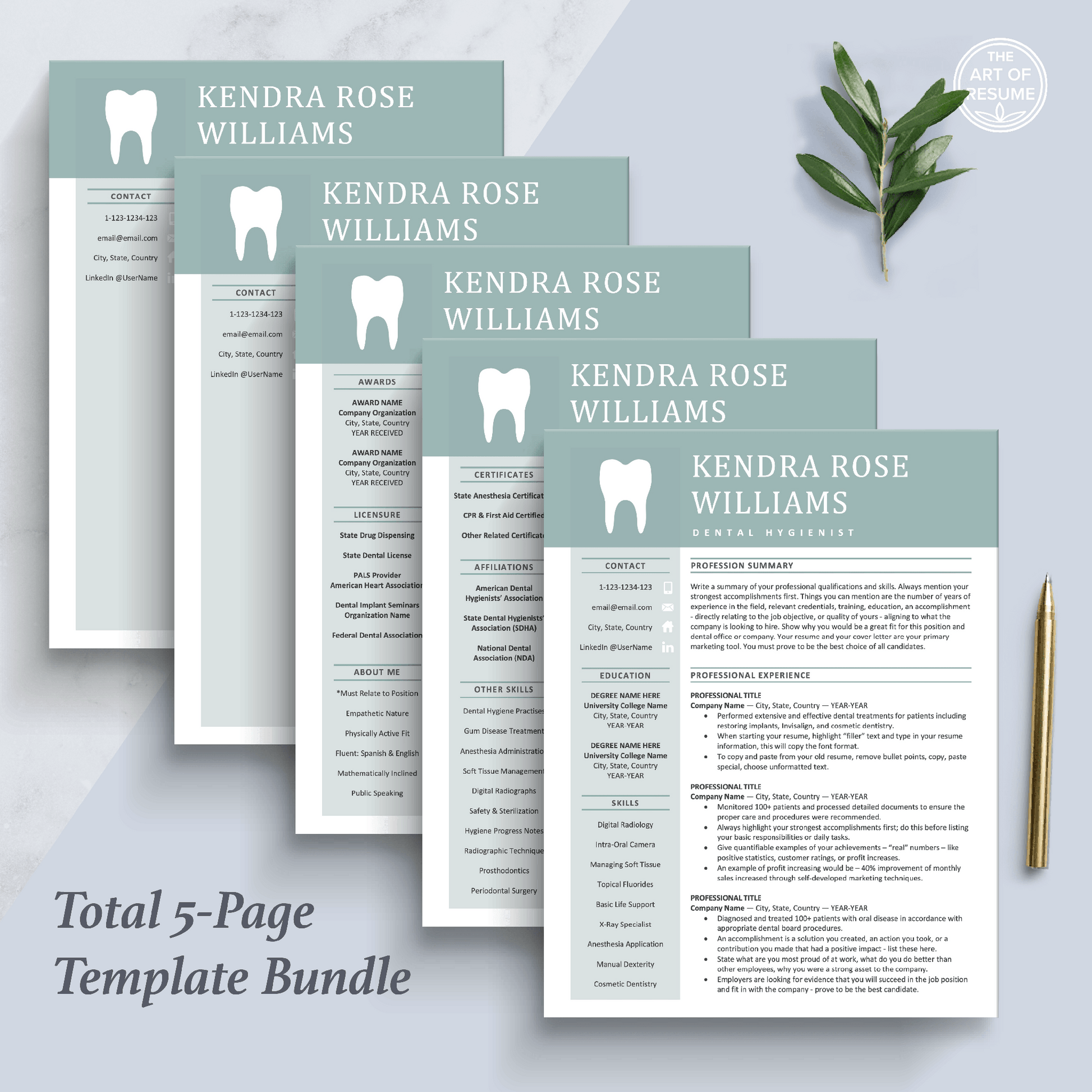 The Art of Resume Templates | Dentist, Hygienist, Dental Student, Assistant Resume CV Design Bundle including matching cover letter and reference page