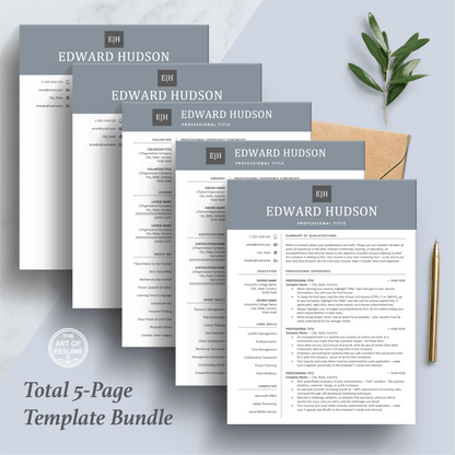The Art of Resume Templates | Professional  Blue Grey Resume CV Design Bundle including matching cover letter and reference page
