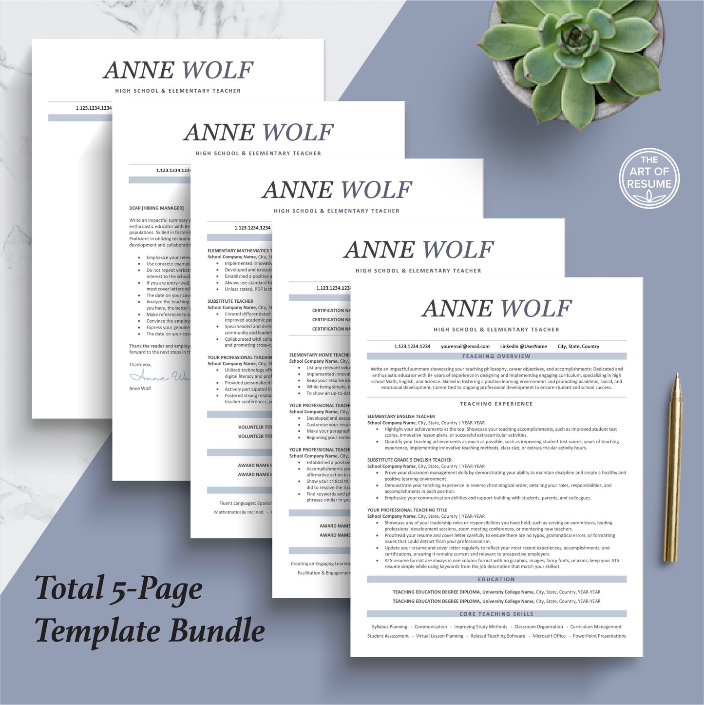 The Art of Resume Templates | Professional ATS friendly teacher Resume CV Design Bundle including matching cover letter and reference page