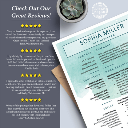 The Art of Resume Templates |  Creative Teal Blue Watercolor Resume CV Templates Online 5-Star Reviews