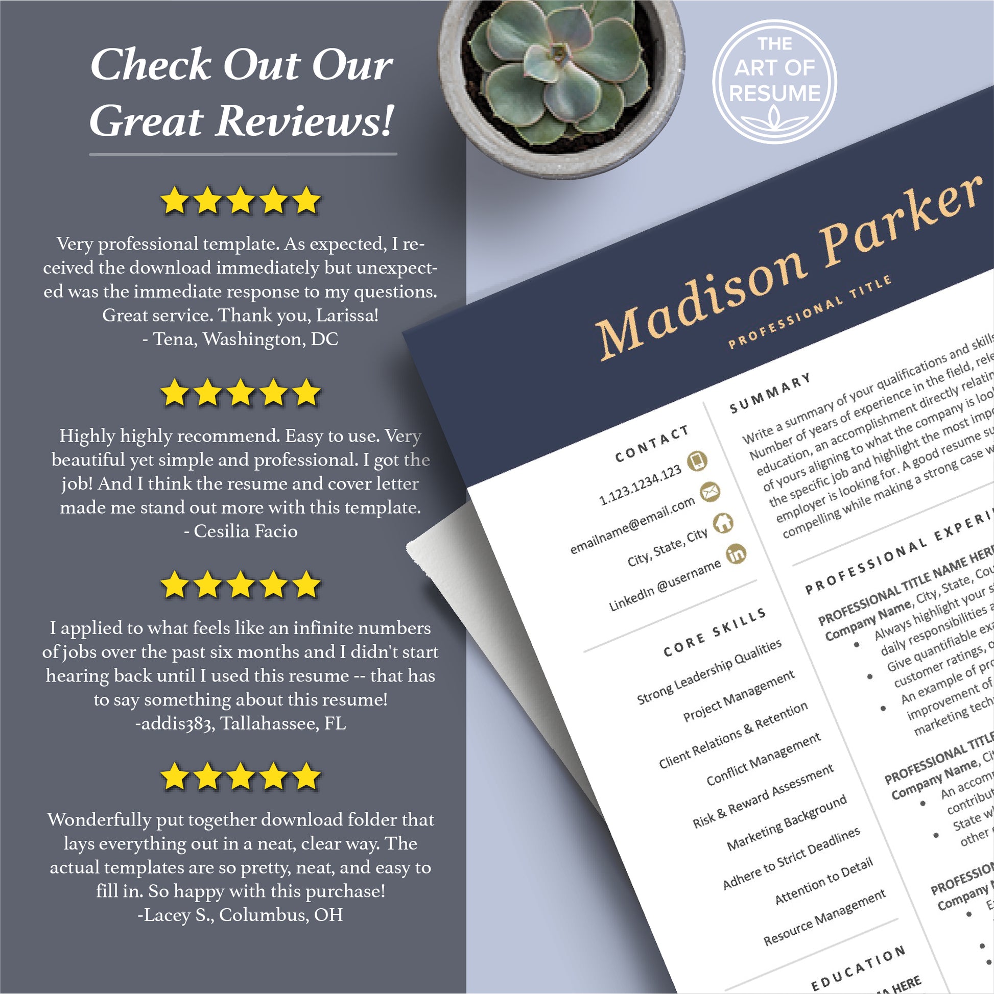 The Art of Resume Templates - Professional Dark Blue Resume CV Templates Online 5-Star Reviews