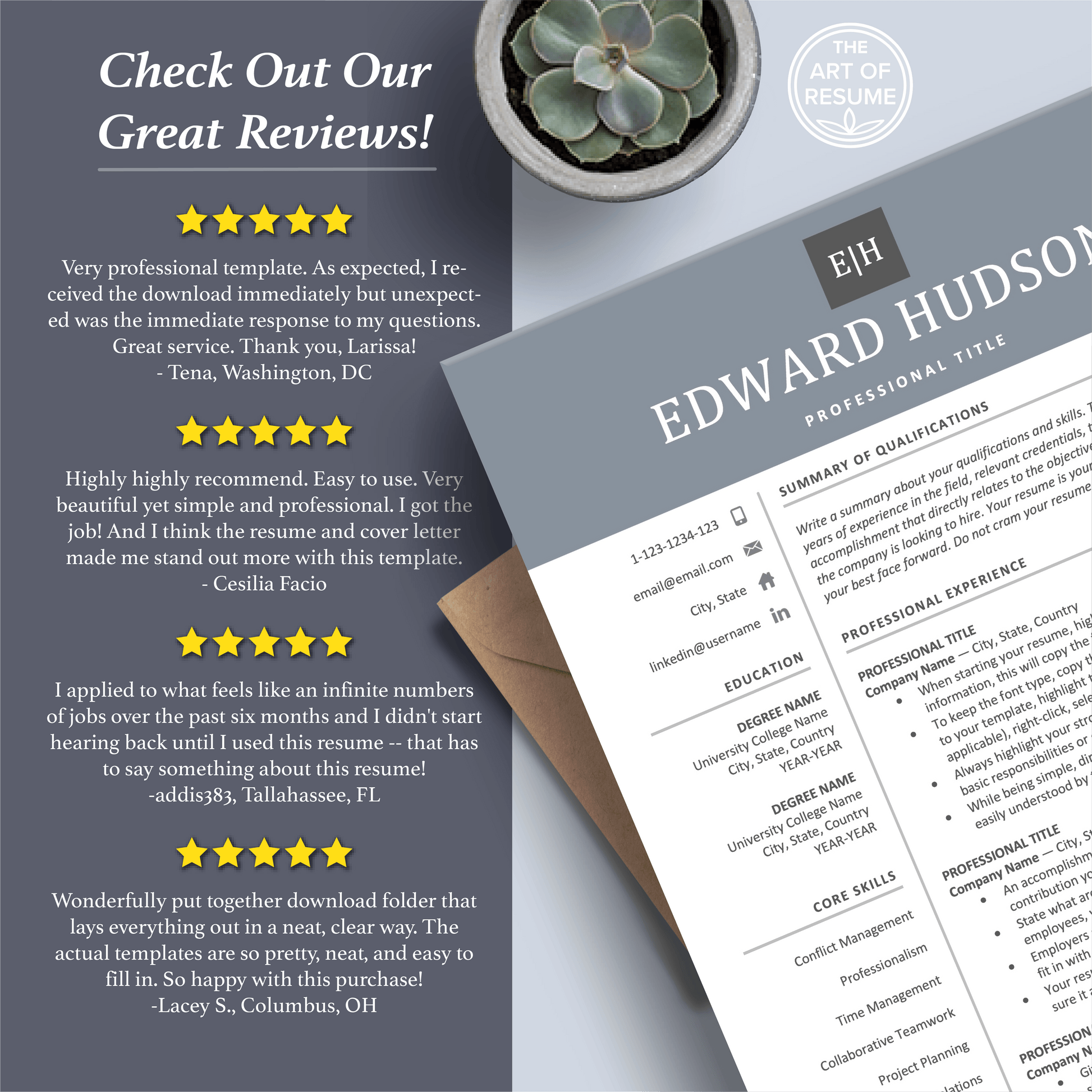 The Art of Resume Templates | Professional  Blue Grey Resume CV Templates Online 5-Star Reviews