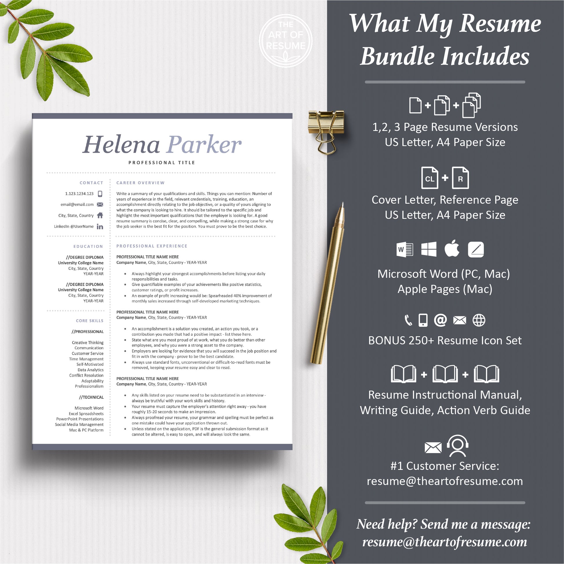 The Art of Resume Templates | Professional Modern Resume CV Template Maker 3, Cover Letter, Reference Page, Mac, PC, A4 Paper, US size, Microsoft Word. Apple Pages, Google Docs, Chromebook