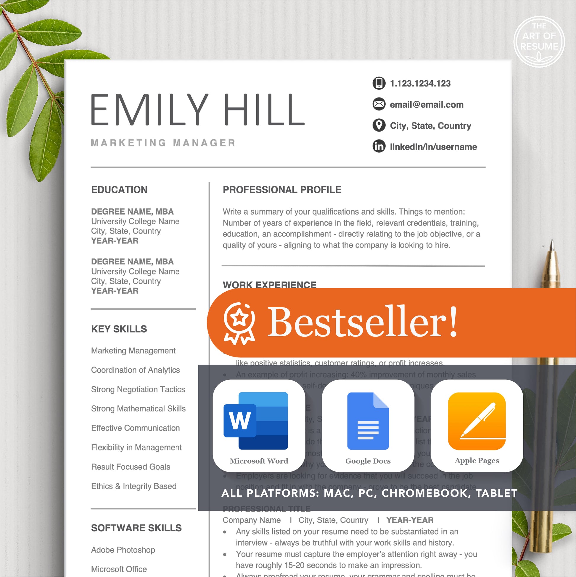 The Art of Resume CV Template Builder Bundle with FREE guide, The Art of Resume Writing, Resume Template for Microsoft Word, Apple Pages, Google Docs