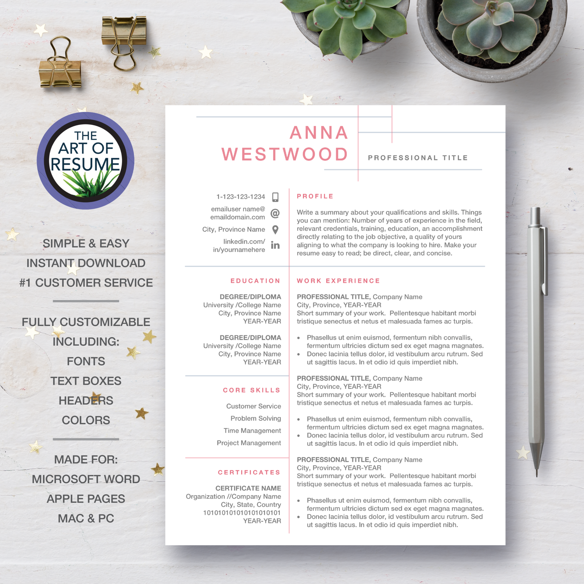 Resume Template Design for Microsoft Word and Apple Pages- Resume and Free Cover Letter