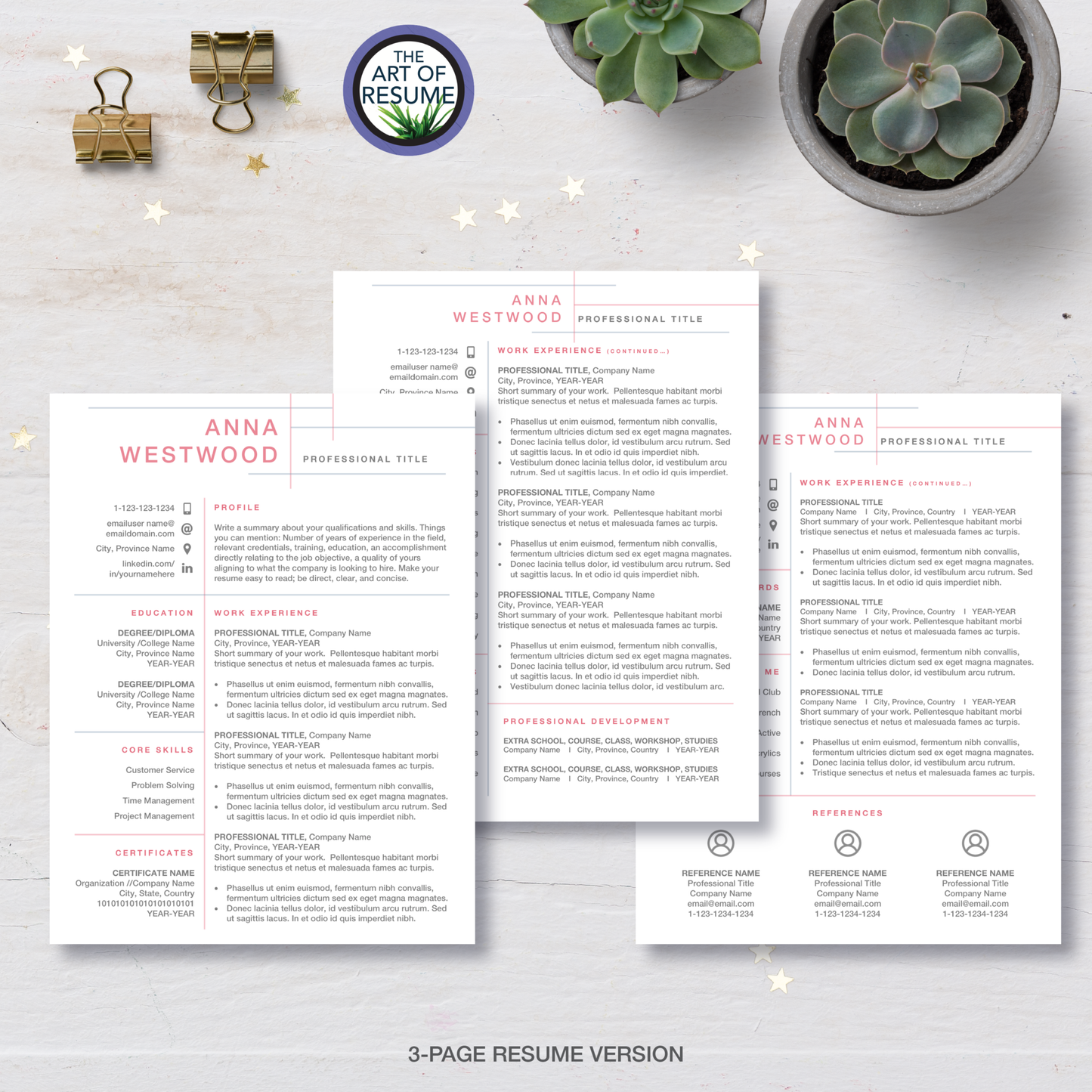 Three Page Resume Template Design for Microsoft Word and Apple Pages- Resume and Free Cover Letter