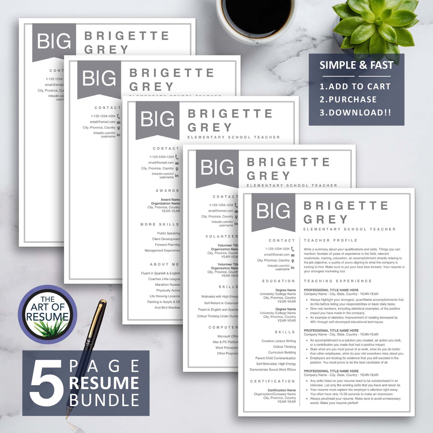 5 Page Resume Bundle - The Art of Resume - Curriculum Vitae, Resumes, CV Templates for Teacher with Free Cover Letter